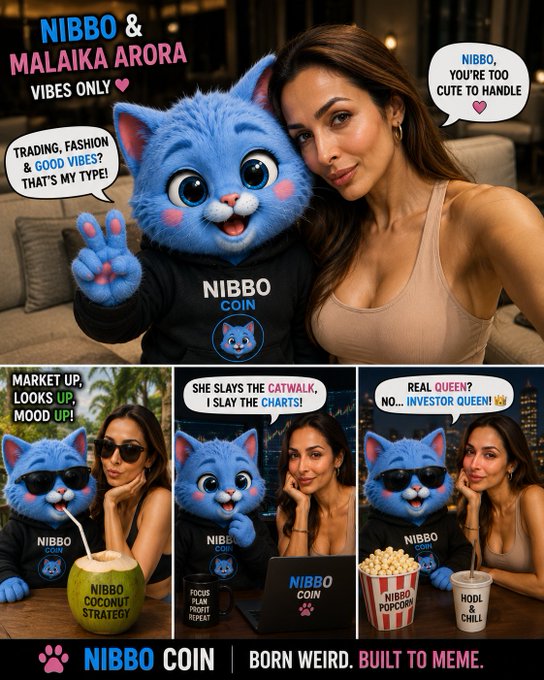 A comic-style promotional image shows a blue cartoon cat mascot wearing a "NIBBO COIN" hoodie alongside Malaika Arora, with speech bubbles declaring "VIBES ONLY" and playful banter like "TRADING, FASHION & GOOD VIBES? THAT'S MY TYPE!" and "REAL QUEEN? NO... INVESTOR QUEEN." The bottom panels feature meme humor with references to "NIBBO COCONUT STRATEGY," "FOCUS PLAN HODL REPEAT," "NIBBO POPCORN," and "HODL & CHILL," aligning with the post's $Nibbo meme coin branding alongside the celebrity.