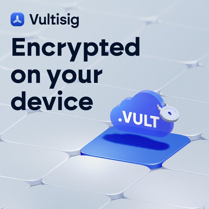 A Vultisig graphic featuring a 3D cloud icon labeled ".VULT" secured with a padlock sits on a raised blue tile, alongside bold text reading "Encrypted on your device," illustrating how exported vault share backup files are locally encrypted with a password before leaving the user's device.