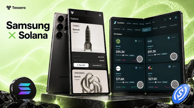 A promotional image shows Samsung devices including a phone and a folding device displaying the Stone.fun platform, alongside SOL and Tessera cryptocurrency logos with text 'Samsung x Solana'.