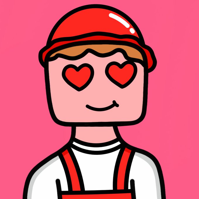 A cartoon illustration of a character wearing a red cap and overalls with heart-shaped eyes against a pink background.