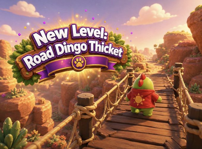 A 3D-rendered video game scene showing a small green character with a sun emblem walking on a wooden bridge in a desert canyon, with text reading 'New Level: Road Dingo Thicket'.