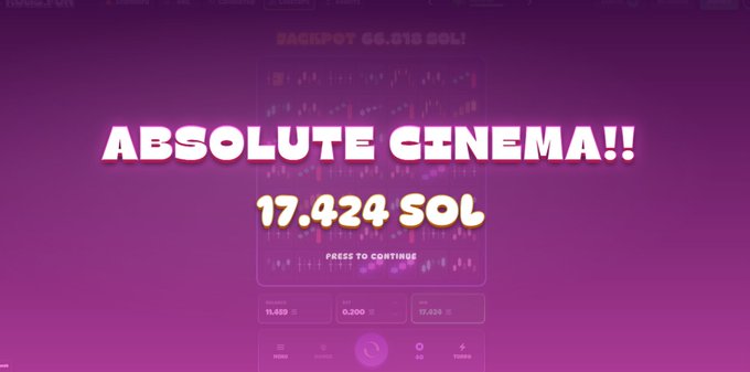 The image features a purple background with white text that reads " Absolute Cinema!". This includes an information box showing an "17.4 SOL" value, along with some numbers and symbols, possibly related to game statistics or player tipping rates. The overall appearance of this image is bright, and the main focus is on the provided information, which appears relevant to the discussion about the post in question.