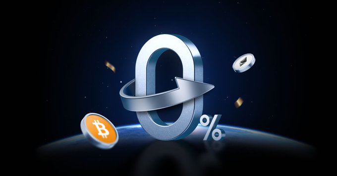 A digital rendering showing a silver zero-percent symbol surrounded by floating Bitcoin and other cryptocurrency coins against a dark space background with Earth's horizon.
