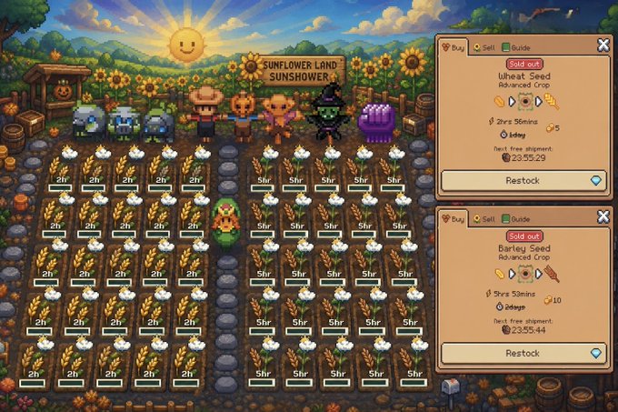 The image shows a cartoon-style game screen with a large sunflower field and various farm animals such as cows, sheep, and horses. The game appears to be a farming simulation where players can grow crops like wheat and barley, and raise livestock for sustenance or sale. There are two posts on the screen that provide information about the game's progress: one post displays the current harvest of wheat and another shows the current harvest of barley. Additionally, there is a post titled "Sunshower is done and now moving to Fish Frenzy on the first day of Winter". The overall atmosphere of the image suggests an engaging farming simulation experience for players who enjoy managing their virtual crops and animals.