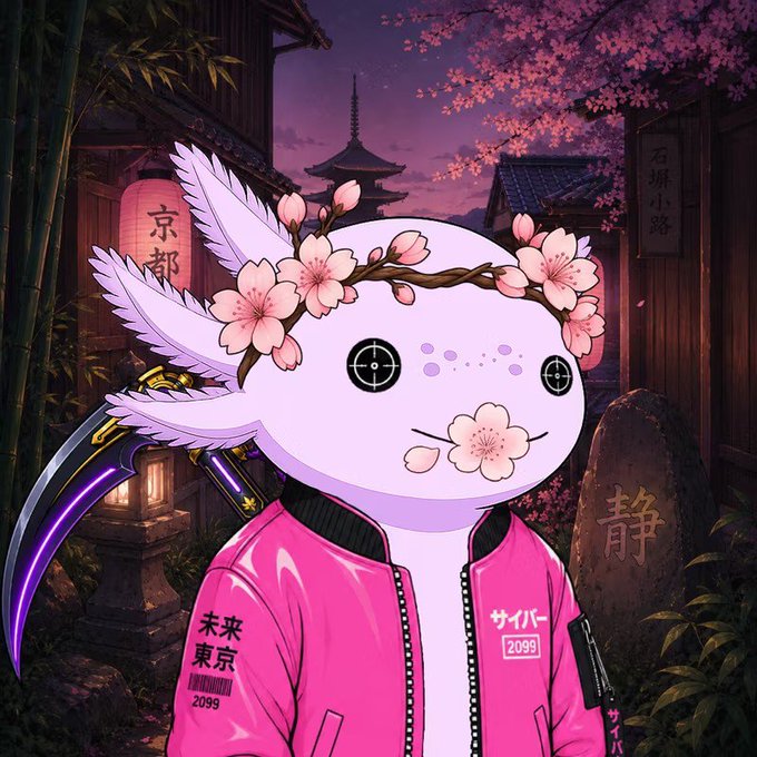 A cyberpunk-style illustration of a cute axolotl character with cherry blossoms on its head, wearing a pink jacket with Japanese text and "2099" markings, set against a Japanese street scene with a pagoda and lanterns.