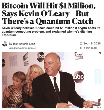The image shows a screenshot of a Decrypt article headlined "Bitcoin Will Hit $1 Million, Says Kevin O'Leary—But There's a Quantum Catch," featuring a photo of O'Leary alongside others at an event, which relates to the accompanying post's mention of O'Leary predicting $1M Bitcoin if quantum computing risks to crypto's underlying tech are addressed.