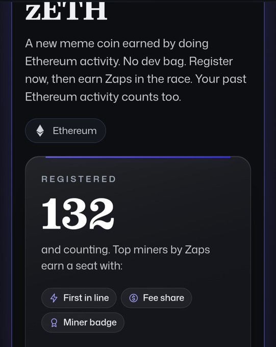 A dark promotional page for the Ethereum meme coin “ZEI’H” says users can earn Zaps by registering and completing Ethereum activity, with “132 and counting” registered participants and benefits including “First in line,” “Fee share,” and “Miner badge.” The post’s statistics about high retail trader loss rates contrast with the coin’s “earn by doing Ethereum activity” mining model.