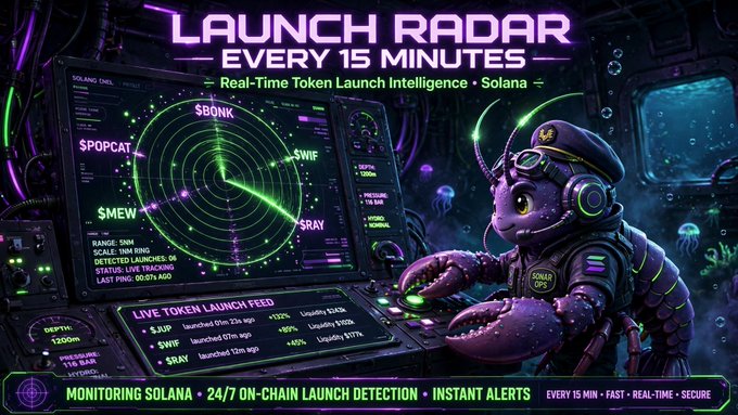 A promotional graphic for 'LAUNCH RADAR EVERY 15 MINUTES' features a purple octopus in a naval cap using high-tech radar equipment to monitor Solana token launches including $BONK, $POPCAT, $MEW, $WIF, and $RAY.