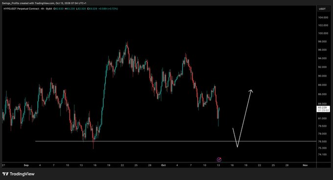 The image displays a TradingView chart of the Hyperliquid Perpetual Contract ($HYPE/USDT) on the 4-hour timeframe, showing price action between approximately $74-$104 from late September to mid-October 2026, with the current price at $83.228 (+0.72%). A hand-drawn white arrow indicates an expected downward move to a horizontal support level around $77-$78, followed by a bounce upward, illustrating the trader's plan to patiently wait for a long entry at their marked target.