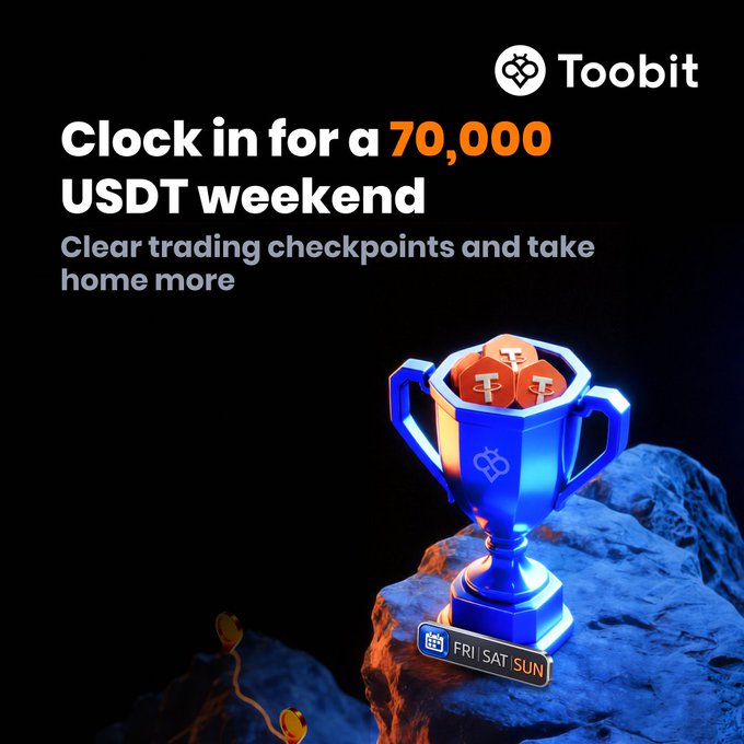 A Toobit promotional graphic features a glowing blue trophy holding orange USDT coins on a rocky surface, advertising a "70,000 USDT weekend" event from Friday to Sunday. The image reinforces the post's message about completing Round 9 trading checkpoints to earn a share of the 70,000 USDT prize pool.