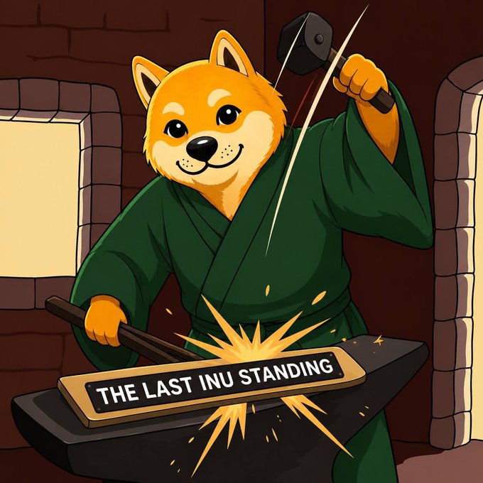 The image features a cheerful Shiba Inu dressed as a blacksmith in a green robe, hammer raised as sparks fly from an anvil inscribed with "THE LAST INU STANDING." It visually reinforces the post's narrative of a new "Inu" era emerging—positioning HACHIKO as the next legendary dog carrying the torch from DOGE and SHIB.