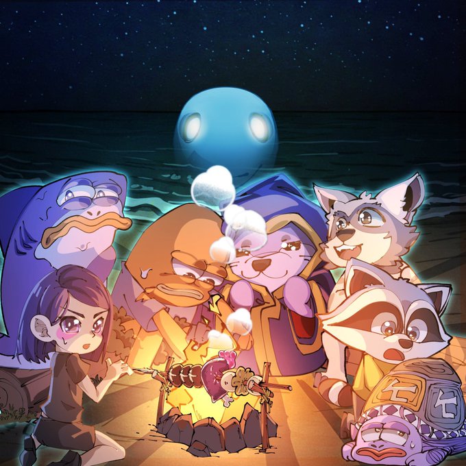 The image features a group of cartoon characters, including a girl with blue eyes, a boy wearing a purple shirt, and several other characters such as a raccoon, a dog, and a bear. They are gathered around a campfire on a beach at night, enjoying each other's company. The post is titled "One year ago today Boblievers were rewarded a place beside the fire Our Bonfire of Bob SBT was airdropped on testnet to Bobs who held Bob tokens and minted both our previous NFT It was symbolically the pre-sale pass to people who believed Bob always has a plan". The characters in the image are depicted as having unique personalities, with one being described as "very cute" and another as "very mean", adding depth to their interactions.
