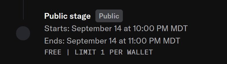 A digital event listing for a "Public stage" public sale running September 14 from 10:00–11:00 PM MDT, marked as free with a limit of 1 per wallet. The image illustrates the poster's criticism of the project, showing a brief one-hour free mint window with restrictive wallet limits rather than transparent giveaways.