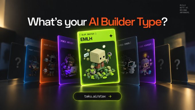 A neon-lit 3D graphic asking 'What's your AI Builder Type?' featuring trading cards with labels like '[SLOP MASTER] EMLH', '[REMIX ARTIST]', and '[SPEED DEMON]', with a 'taku.ai/stax' button at the bottom.