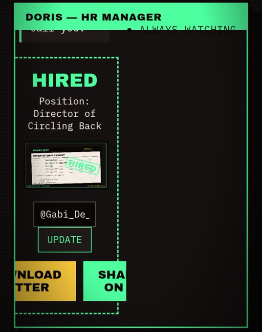 A mobile screen showing a character profile for 'Doris - HR Manager' labeled 'Hired' for the position of 'Director of Circling Back,' with a play button update for @Gabi_De_ and download/share buttons.