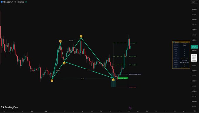 A TradingView 4-hour chart of ADA/USD on Binance displays a "RazorAlpha" harmonic pattern with labeled swing points X, A, B, C, and D, showing fibonacci ratios (137.6%, 94.1%, 87.5%) and key price levels around 0.2000, with the most recent price action testing the 0.2366 level near $0.2303.
