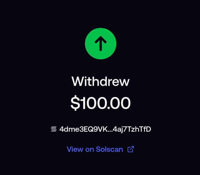 A dark-themed transaction confirmation screen shows a green upward arrow icon above the bold white text "Withdrew $100.00," accompanied by a Solana wallet address and a "View on Solscan" link. This visually verifies the $100 withdrawal referenced in the "Tipped $100" post, indicating a completed $100 withdrawal transaction on the Solana blockchain.