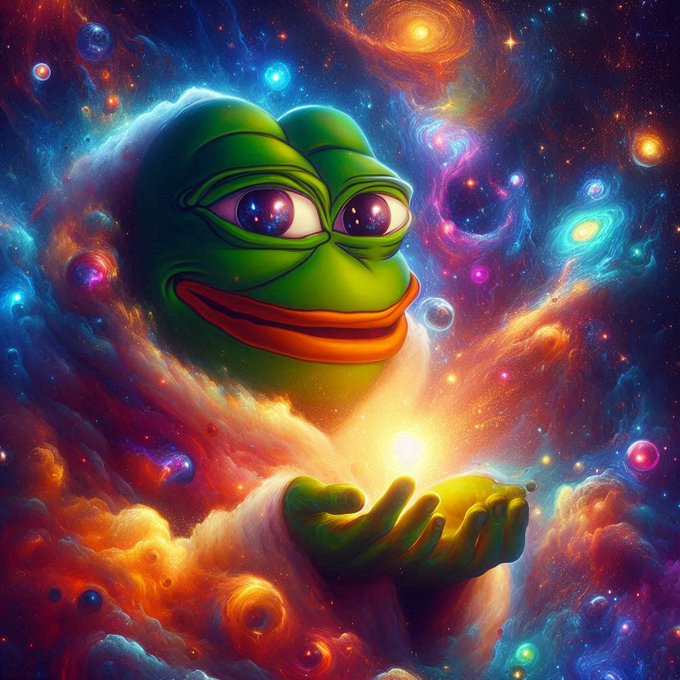 A vibrant digital artwork depicts Pepe the Frog floating in a colorful cosmic scene, holding a glowing light in his outstretched hands surrounded by galaxies and nebulas.