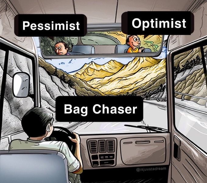 A cartoon meme from '@isjuustadream' showing three perspectives from inside a car: a 'Pessimist' seeing a cliff, an 'Optimist' seeing mountains, and a 'Bag Chaser' seeing a gold-filled road ahead.