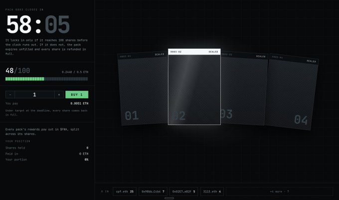A digital countdown clock shows 58:05 remaining until the pack closes, with 48/100 shares sold at 0.2448/0.5 ETH each, alongside a visual display of four packs (0001-01, 0001-02, 0001-03, 0001-04) where pack 02 is highlighted, corresponding to the "003" post reference.