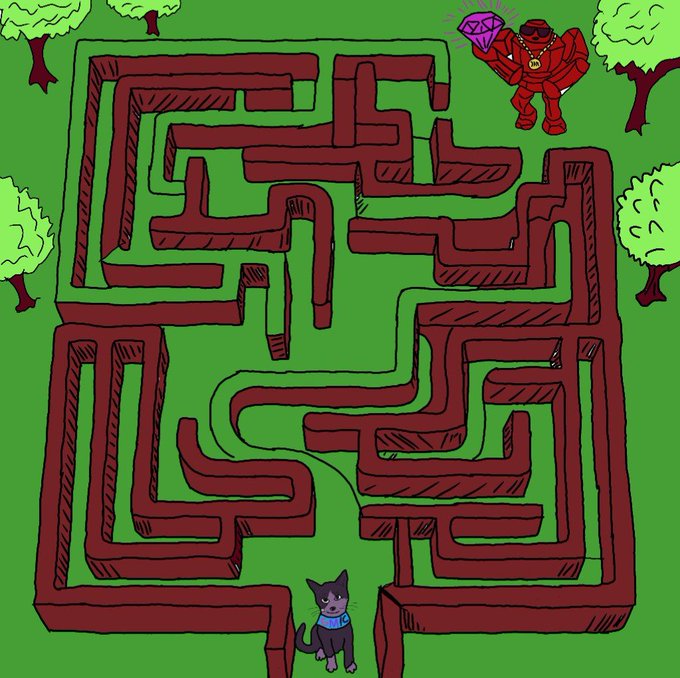 A cartoon illustration of a maze with a small dog at the bottom entrance and a muscular red character holding a purple diamond at the top right exit.