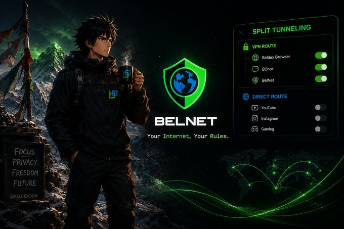 A promotional graphic for BeldexCoin's BelNet VPN featuring an anime-style character holding a coffee mug in a mountainous landscape, alongside a "Split Tunneling" interface panel showing toggle options for VPN Route apps (Beldex Browser, BChat, BelNet) and Direct Route apps (YouTube, Instagram, Gaming), with the tagline "Your Internet, Your Rules." The image visually demonstrates the post's message about giving users flexible control over which apps use VPN protection versus direct connections.