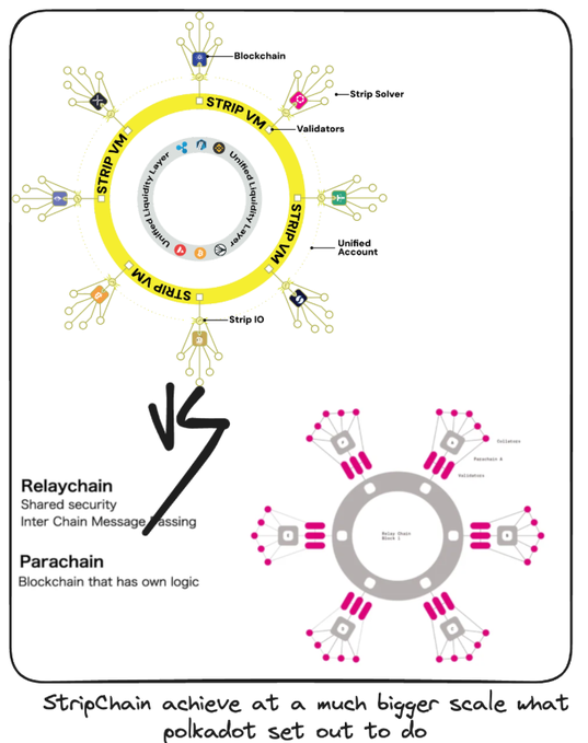 A comparative diagram showing StripChain's STRIP VM architecture (with Blockchain, Strip Solver, Validators, Strip IO, and a Unified Liquidity Layer) on the left, contrasted with Polkadot's Relaychain/Parachain model (with Relaychain Block 1 and Validators) on the right, with the caption "StripChain achieve at a much bigger scale what Polkadot set out to do."