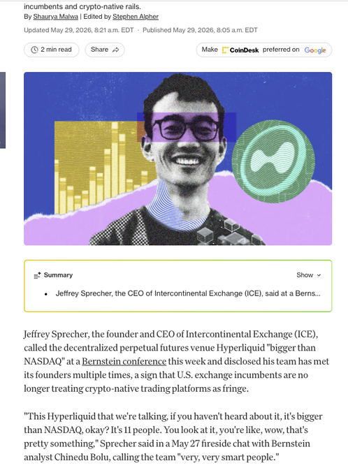 A CoinDesk article preview by Shaurya Malwa and Stephen Alpher titled about 'incumbents and crypto-native rails', featuring an illustration of Jeffrey Sprecher, CEO of Intercontinental Exchange (ICE), with text quoting him calling Hyperliquid 'bigger than NASDAQ' at a Bernstein conference.