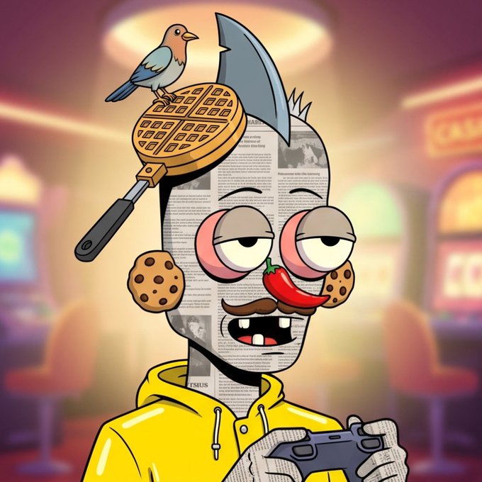 A surreal digital illustration of a character with a newspaper-textured face, a waffle iron hat topped by a small bird, holding a game controller, with a mustache and cookie eyes.