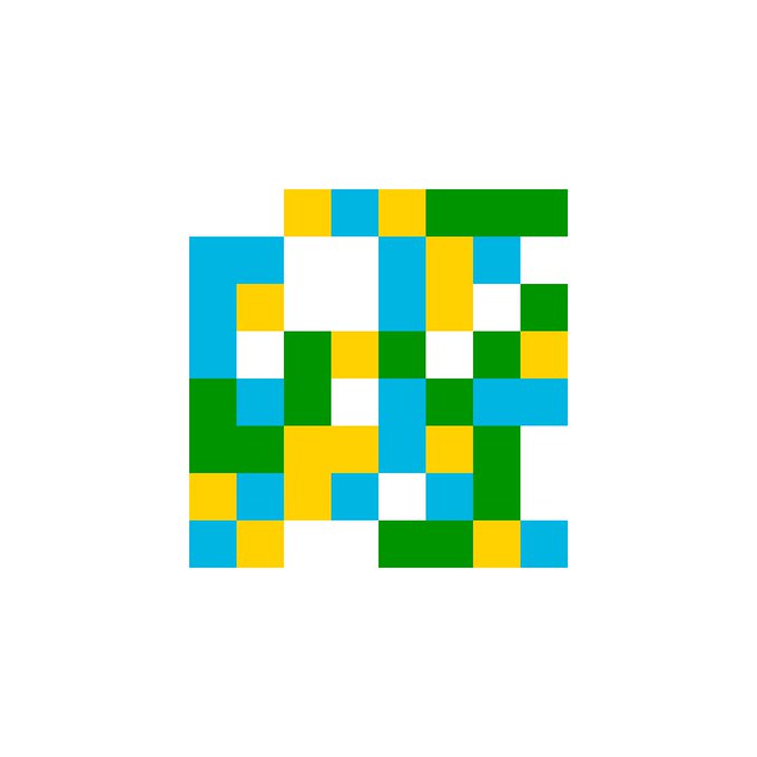 A pixelated graphic composed of colored squares in blue, yellow, and green arranged in an abstract pattern on a white background.