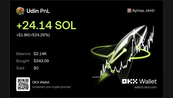 A promotional graphic for OKX Wallet showcases a crypto PnL performance for "Udin PnL" (BgYzqa...bbH), highlighting a gain of +24.14 SOL (+$1.8K, +524.26%) with a balance of $2.14K, which aligns with the accompanying post celebrating the user's profitable memecoin trades, specifically noting the $Udin token's +20 SOL gain.