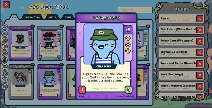 A card game interface showing a 'COLLECTION' screen with a 'TREASURER' character card displayed prominently, along with 'DECKS' list on the right showing options like 'Aggro' and 'Tide Riders'.