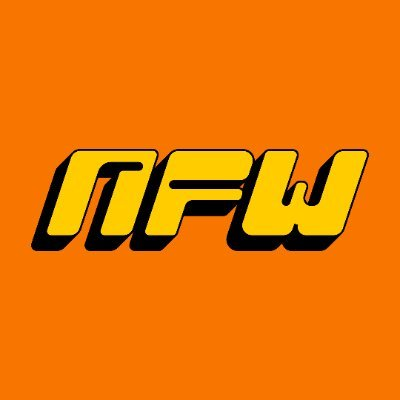 The image displays the bold yellow "NFW" logo with a black drop shadow against a vibrant orange background, representing the @nfwdotfun brand. The stylized text directly reinforces the post's message about NFW's role in evolving the NFT market toward hard utility and instant liquidity mechanics.