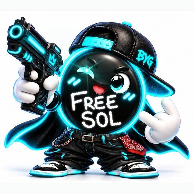 A cartoonish 3D mascot character with a glowing teal ring body labeled 'FREE SOL', wearing a black cap with 'BYG' text, holding a futuristic gun and giving a peace sign.