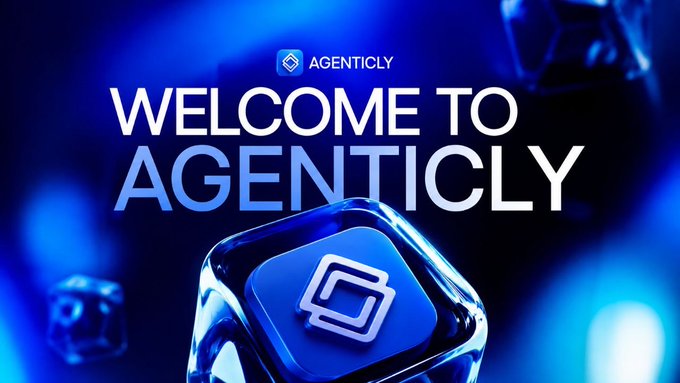 The image shows a graphic design or promotional poster for an artificial intelligence (AI) trading platform called "Agenticly @ Agenticly_Base", which is built natively on the Base Chain cryptocurrency exchange. The design features blue blocks with a white symbol, likely representing the trading agent's logo. Additionally, the phrase "WELCOME TO AGENTICLY" is displayed above and below the blocks, inviting users to join the platform for trading and leveraging cryptocurrencies like Bitcoin and Ethereum using the intuitive Agenticly app.
