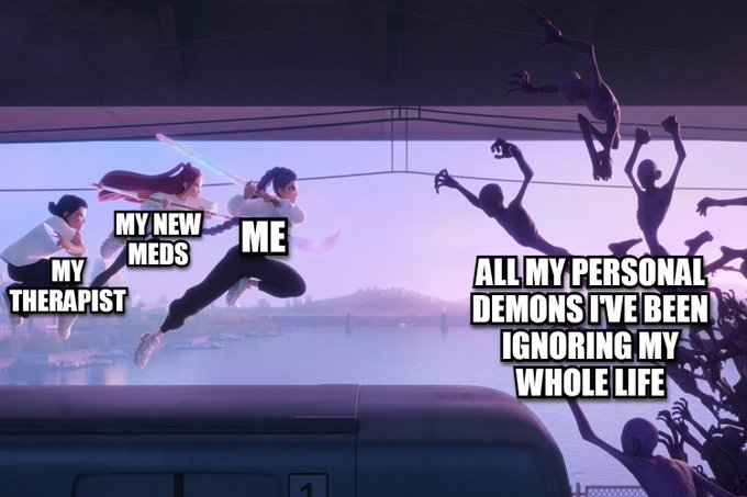 The image shows a cartoon depiction of three people, two girls and one boy, flying through the air with their arms outstretched as if they are superheroes. The scene takes place over a train track, adding an element of adventure to the story. In the background, there is text that reads "All my personal Demons I've been ignoring my whole life". This phrase seems to be related to the image and could be interpreted in various ways depending on the viewer's perspective.

The post also includes several bullet points about medications for depression, which might suggest a connection between the flying superheroes and the person who wrote the post. The text "I'M still blowing up from the Mythos drop last night" could be related to the superhero theme of the image or possibly an indication that someone is feeling overwhelmed by their emotions. Overall, the image seems to evoke feelings of adventure and excitement while also addressing a topic related to mental health and self-care.