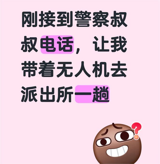 The image shows a meme-style Chinese text graphic on a pink background with a confused/worried emoji, featuring the text "刚接到警察叔叔电话，让我带着无人机去派出所一趟" (Just got a call from police uncle asking me to bring my drone to the station), highlighting "电话" (phone) and "一趟" (a trip) in pink.

The post explains that the person flew a drone back home during Chinese New Year, and now police have called them to visit the station—humorously illustrating how China's big data system tracked their drone flight and connected it to their identity.