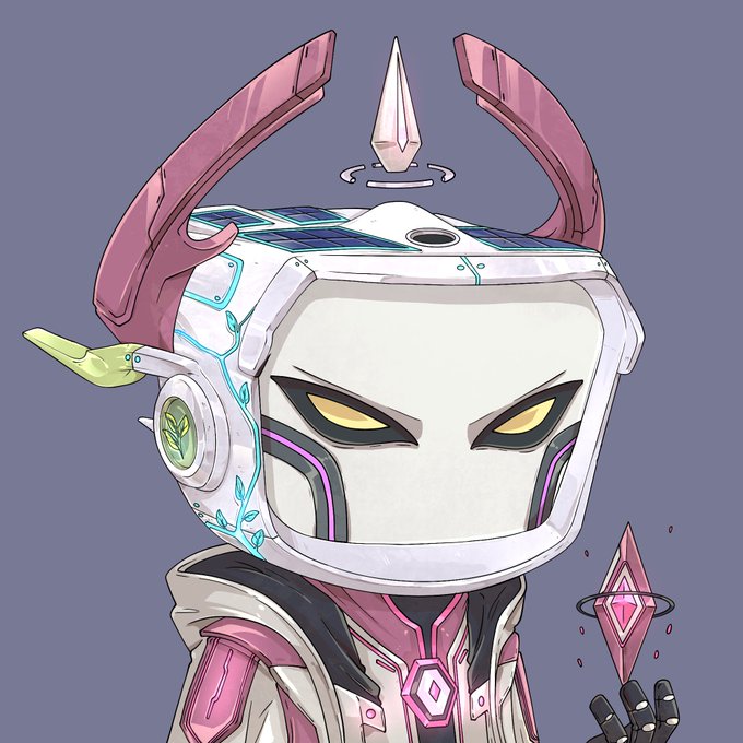 An anime-style illustration of a white robotic/mecha character with pink horns, glowing yellow eyes, and futuristic armor details against a purple background.