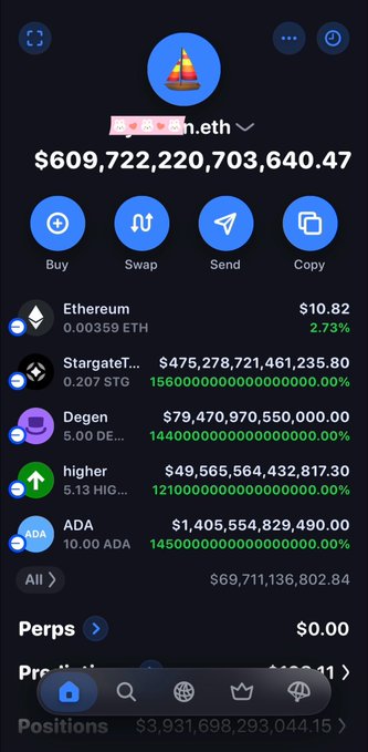A crypto wallet interface showing a balance of $609,722,220,703,640.47 with options to Buy, Swap, Send, and Copy, displaying holdings in Ethereum (0.00359 ETH), StargateT (156,000,000%), Degen (144,000,000%), higher (121,000,000%), and ADA (145,000,000%).