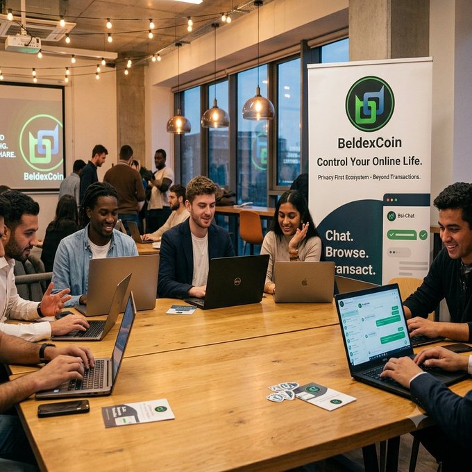A group of people working on laptops around a wooden table, with a BeldexCoin banner reading 'Control Your Online Life. Privacy First Ecosystem - Beyond Transactions.' visible in the background.
