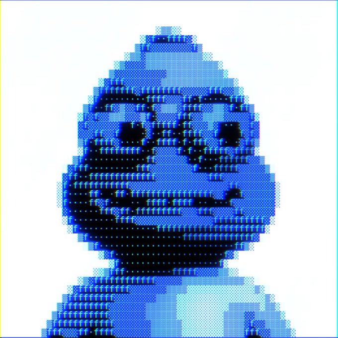 A blue-toned pixelated/glitched digital art portrait of a humanoid figure wearing a baseball cap, rendered in a retro dot-matrix or scan-line aesthetic.