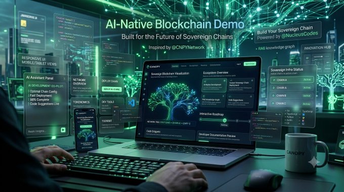 A futuristic dashboard titled 'AI-Native Blockchain Demo' with the tagline 'Built for the Future of Sovereign Chains', powered by @NucleusCodes and inspired by @ONPNetwork, displayed on a laptop with glowing green holographic interfaces.