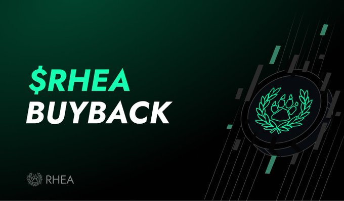 The image features a green logo with white text that reads "$NEAR Buyback" and "RHEA", along with a black and white illustration of a coin. The background of the image is dark, creating a contrast between the green logo and the black and white coin. The text "Good morning everyone $NEAR and RHEA have turned green again. RHEA has completed its buybacks for this month and looks ready for a rise." is written in white at the bottom of the image.