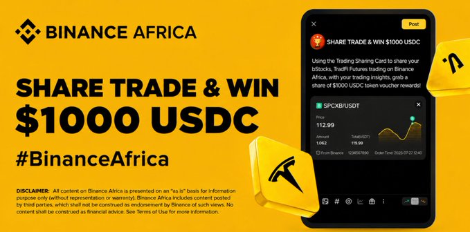 Binance Africa is hosting a Share Trade & Win promotion offering a $1000 USDC prize pool, where users share their bStocks trades on Binance Square for a chance to win rewards. The image displays the $1000 USDC prize banner alongside a sample trade post for SPCXBUSDT at 112.99 with a 1.062 BTC equivalent, illustrating the trade-sharing mechanic described in the accompanying post.