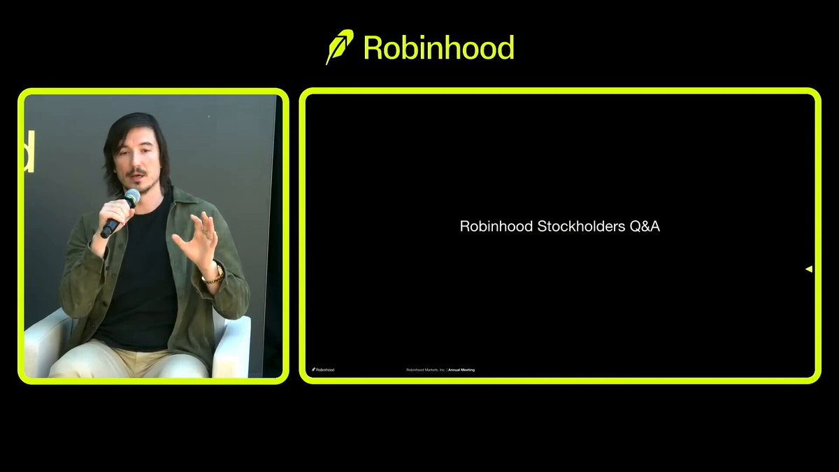 The image features a man sitting in a chair with his hands outstretched as if he's giving a speech or presentation. The background of the image is black, making him stand out against it. There are two other images present in the scene - one showing the man speaking into a microphone and another featuring a computer screen displaying the Robinhood logo. The post also includes text that reads "$HOOD: “Customers will be able to invest in the SpaceX IPO through Robinhood, and, unlike some of the other platforms, there’s no minimum account size to do so.” - @VladTenev".