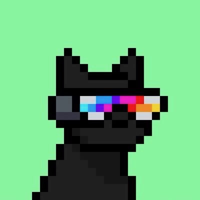 A pixel art animation of a black cat with rainbow bars replacing its eyes against a light green background.