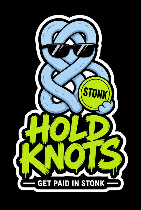 A cartoonish illustration of a knotted rope wearing sunglasses, holding a green coin labeled "STONK," above dripping green graffiti-style text reading "HOLD KNOTS," with a bottom banner stating "GET PAID IN STONK." The image visually reinforces the post's message about holding $KNOTS to earn dividends in $STONK.