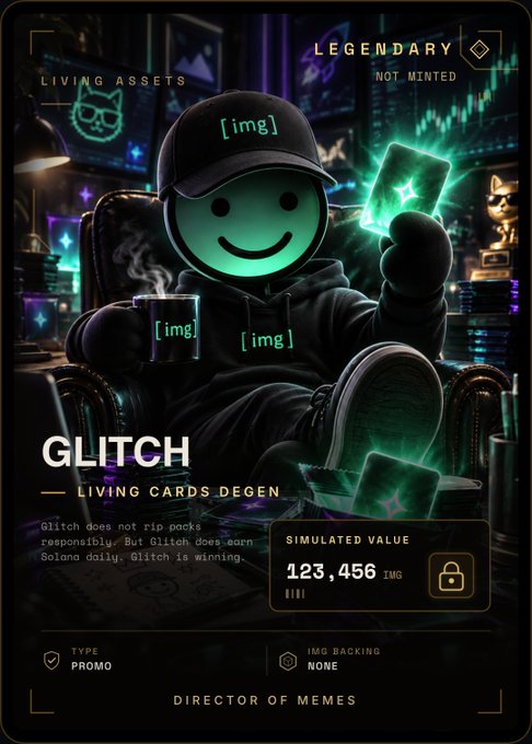 A digital trading card titled 'GLITCH' labeled 'LIVING CARDS DEGEN', 'LEGENDARY', and 'DIRECTOR OF MEMES', featuring a smiling emoji-like character holding a glowing green card with a simulated value of 123,456.