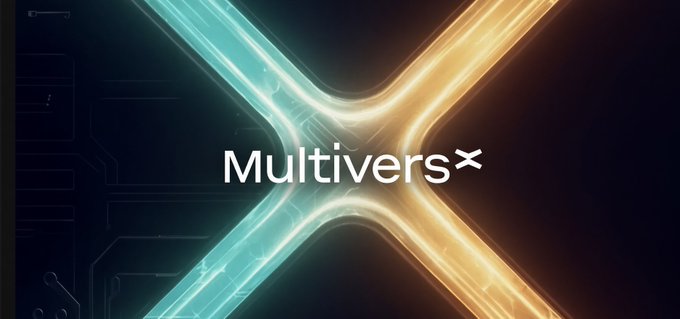 A stylized "MultiversX" logo glows at the center of a circuit-board patterned background, with an intersecting X formed by cyan and golden light trails, visually reinforcing the post's positioning of MultiversX as a unique, high-performance blockchain alternative alongside Ethereum, Solana, and Sui/Aptos.