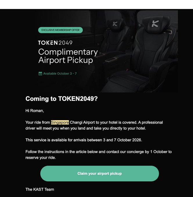 An email titled 'TOKEN2049 Complimentary Airport Pickup' offers members like Roman a free ride from Singapore Changi Airport to their hotel, available between October 3-7, with instructions to contact the concierge by October 1.